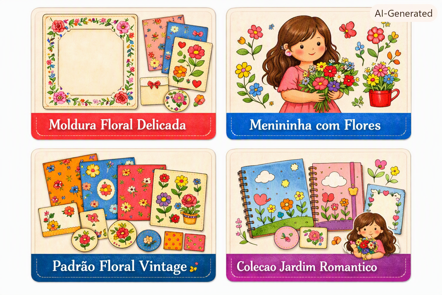 Coleções Moldura Floral Delicada, Menininha com Flores, Padrão Floral Vintage e Coleção Jardim Romântico