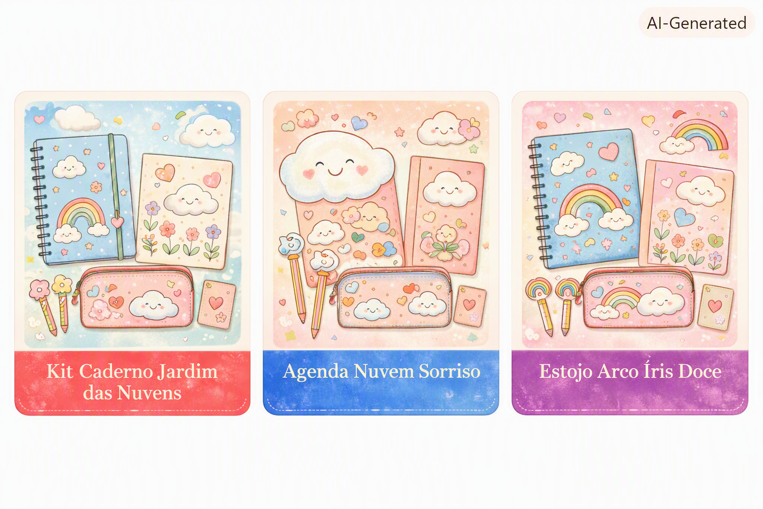 Coleções Kit Caderno Jardim das Nuvens, Agenda Nuvem Sorriso e Estojo Arco-Íris Doce